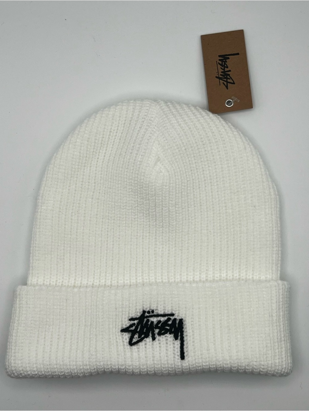 NWT Stussy Stock Cuff Beanie White Embroidered Logo Knit Hat One Size 1322858